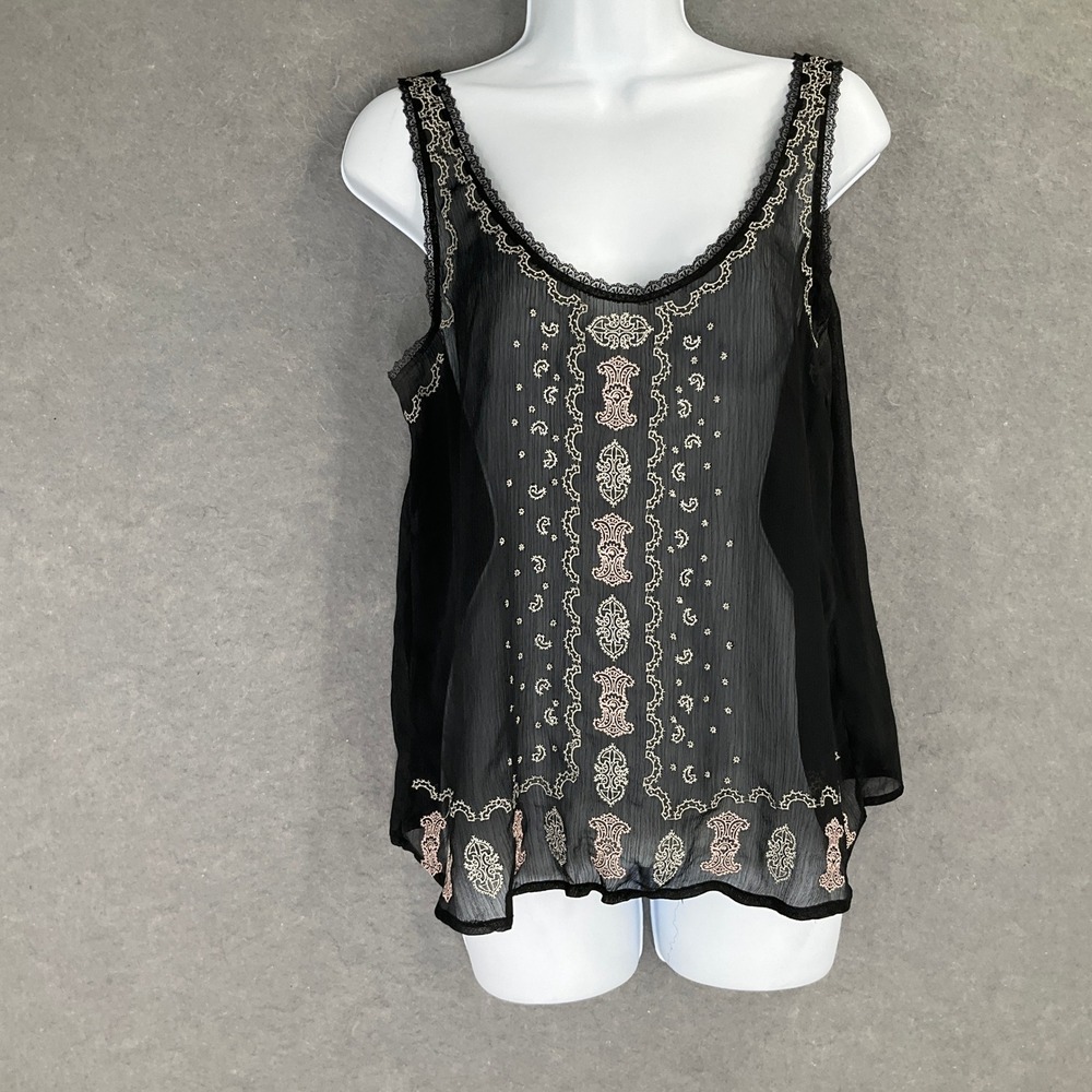 Aeropostale Black Sheer Embroidered Tank Top Womens M Dainty Floral Lightweight